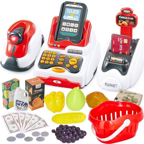 BUYGER Cassa Supermercato Giocattolo per Bambini, Registratore di Cassa con Scanner, Luci e Suoni, Accessori per Negozio