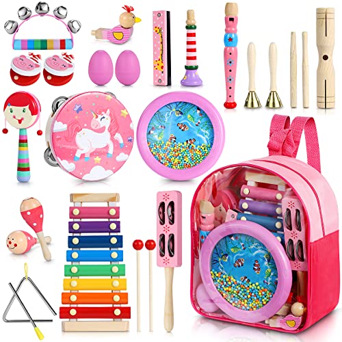 Jojoin Strumenti Musicali Bambini, 25 Pezzi Rosa Percussioni per Bambini con Borsa, Tamburi Oceanici, Tamburello