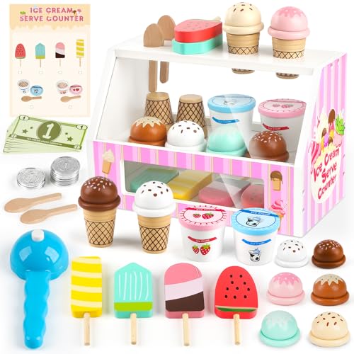 Dreamon Gelateria Giocattolo per Bambini, 38 PEZZI Giocattoli in Legno Carretto Gelati Giocattolo, Giochi di Ruolo