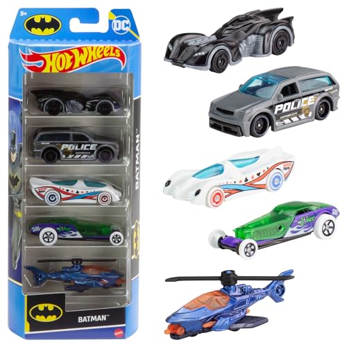 Hot Wheels - Confezione da 5 macchinine a tema Batman, veicoli Hot Wheels da collezionare in scala 1:64 per tutti i fan