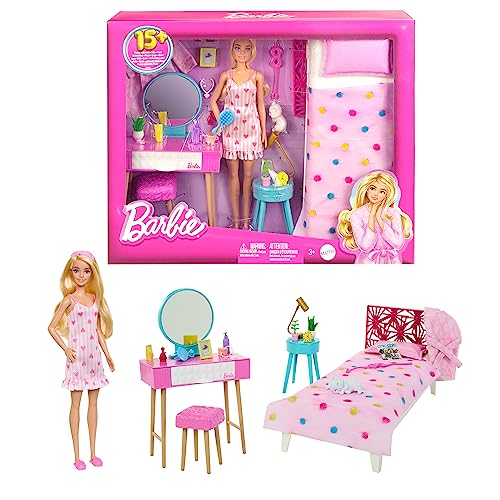 Barbie - Set Camera da letto di Barbie, include una bambola in pigiama rosa e pantofole, un gattino, letto, specchiera e