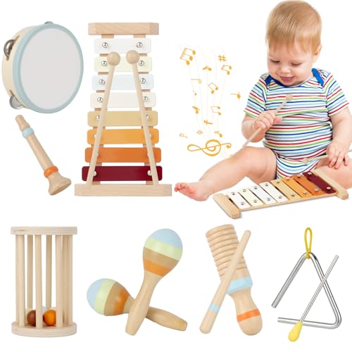 Joellfuner Strumenti Musicali Bambini, 10 PCS Set Strumenti Musicali Percussioni Giocattolos, Percussioni in Legno con