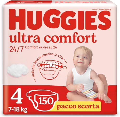 Huggies Ultra Comfort, Pannolini Taglia 4 (7-18 Kg), Design Disney, Pacco Scorta, 150 Pz