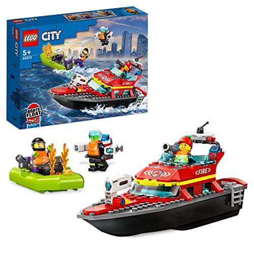 LEGO City Fire Barca di Soccorso Antincendio dei Vigili del Fuoco, Nave Giocattolo Galleggiante con Gommone di