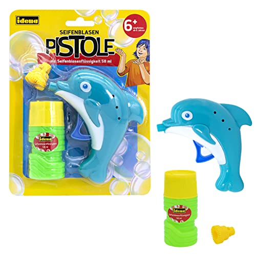 Idena 40229-Pistola design a delfino e 58 ml di liquido per bolle di sapone, per bambini dai 6 anni in su, Colore Blue,