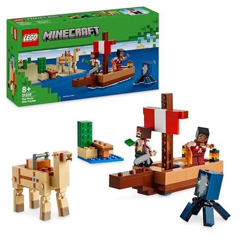 LEGO Minecraft Il Viaggio del Galeone dei Pirati, Barca Giocattolo da Costruire con 2 Personaggi e 2 Animali, Giochi
