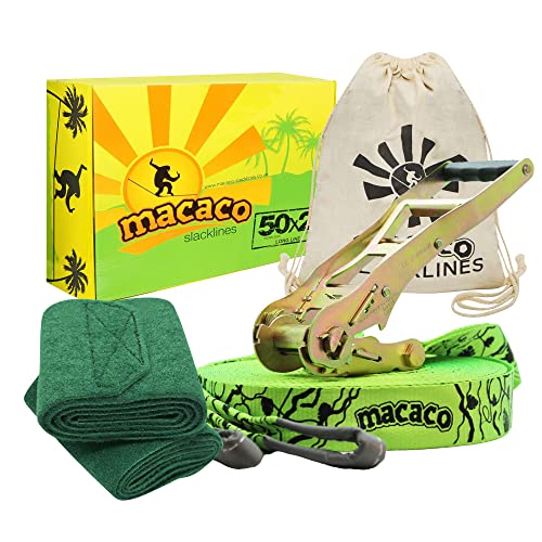 Macaco Lungo Slackline, Slack Line 26 m + Protezioni per Alberi + Istruzioni + Sacchetto in Cotone Naturale per Kit