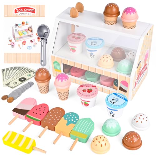 Euakee Gelateria per Bambini in legno, Accessori da Cucina per Bambini Accessori da Negozio, Gelateria per Bambini Gioco