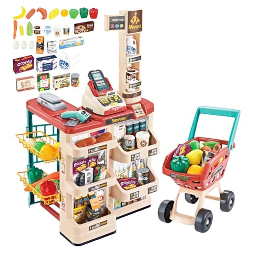 deAO Set di giochi per bambini, supermercato, con carrello e più di 20 accessori da gioco inclusi (rosso)