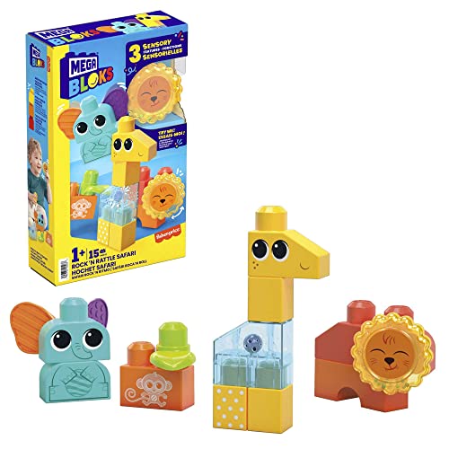 MEGA Bloks Safari 15 Mattoncini Sensoriali (Leone, Giraffa ed Elefante), Giocattolo +1 Anno (Mattel HKN42)