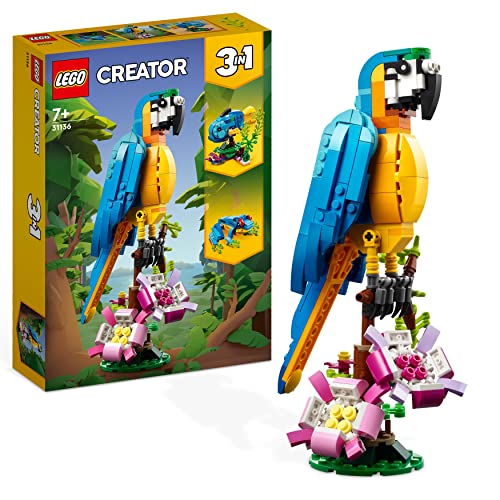 LEGO Creator Pappagallo Esotico, Set 3 in 1 con Pesce e Rana, Animali Giocattolo da Costruire, Giochi Creativi per