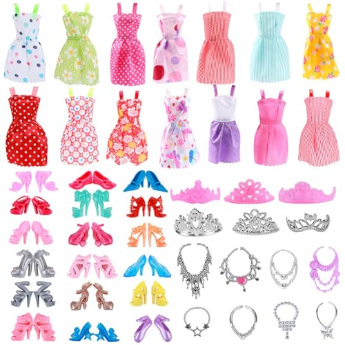 JKDHJK 32 Pcs Abbigliamento per Barbie Doll, 10 Barbie Vestiti 10 Paia Di Scarpe 6 Collana 6 Corone Vestiti e Accessori