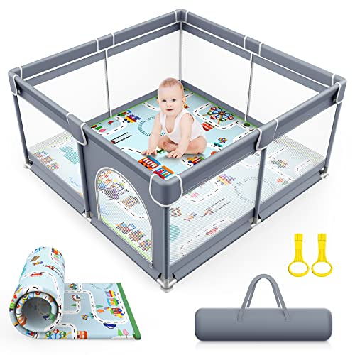 VANCLE Box Bambini con Materasso Morbido, 127x127x68cm, Recinto Bambini con Tappeto Base, Box Neonato Stabile Griglia