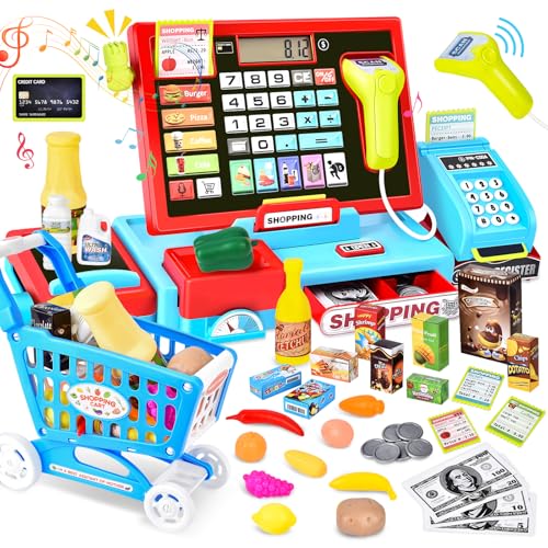 Joellfuner Registratore di Cassa Giocattolo, Supermercato Giocattolo per Bambini, Con 46 Accessori (Vera