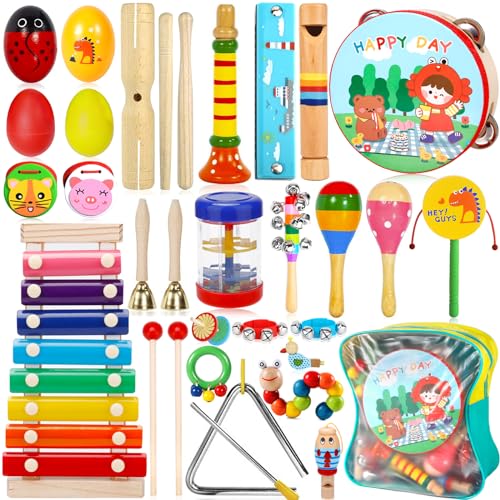 ZLPBAO 34 Pezzi Strumenti Musicali Bambini, Percussioni per Bambini con Zaino, Tamburo Perline Oceaniche, Set Strumenti