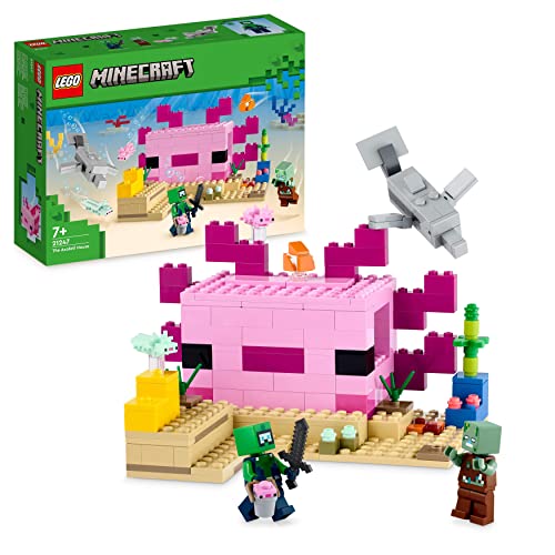 LEGO Minecraft La Casa dell’Axolotl, Base Subacquea Rosa Costruibile con Esploratore Subacqueo, Zombie, Delfino e