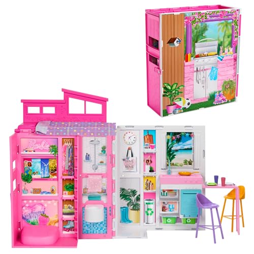 Barbie - Casa delle Vacanze, playset con 4 Aree di Gioco e 11 Accessori Decorativi Inclusi, con Cucina, Bagno Camera da