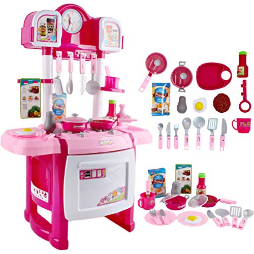 deAO My Little Chef Cucina giocattolo in miniatura con luci e suoni, 18 accessori, fornello, lavello, frigorifero e