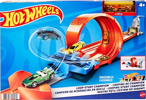 Hot Wheels -Pista Acrobazie nel Loop con Lanciatore Doppio, Rampa a Molla e Macchinina, Giocattolo per Bambini 4+ Anni,