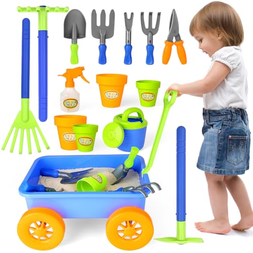 deAO Set Giardinaggio Bambini,Carriola Bambini,Carriola da Giardino,Include 10 Accessori e 4 Vasi per Piante,Regalo per