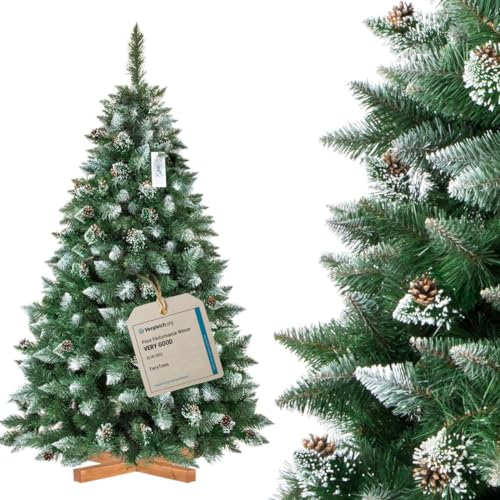 Albero di Natale artificiale FairyTrees 180cm pino naturale con supporto in legno | Abete di Natale con pigne naturali e