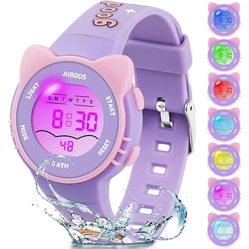 Juboos Orologio Bambina,con Cinturino Stampato e 7 Luci Colorate,Orologio Digitale Impermeabile per Bambini con Orecchie