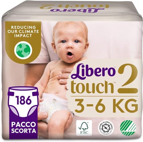 Libero, Pannolini Touch Open per Bambini, 186 Pannolini Taglia 2 per Bambini da 3-6 Kg, 3 Confezioni da 62 Pannolini