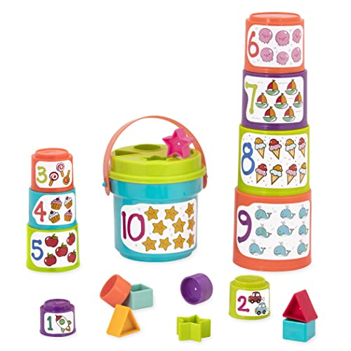 Battat – Sort & Stack Nesting Cups – Coppe educative impilabili con numeri e forme – Gioco con acqua e sabbia con