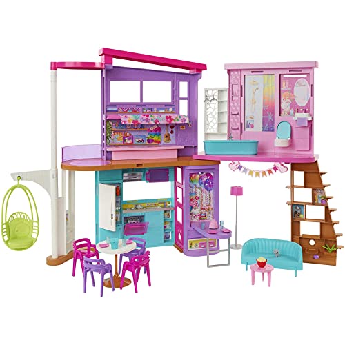 Barbie - Barbie Casa di Malibu (106 cm) playset casa delle Bambole con 2 Piani, 6 stanze, Ascensore Altalena e più di