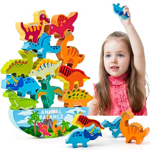 WuGU Dinosauro Giochi di Equilibrio in Legno, 12 Pezzi Montessori Giochi da Impilare, Animali Blocchi di Costruzione,