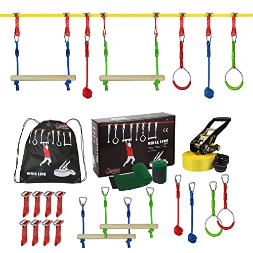 ALPIDEX Ninja Warrior Set Gioco Bambini Slackline Percorso Sospeso Ostacoli Anelli Ginnastica Nodi Corda Altalena