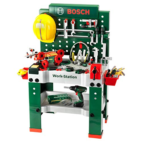 Theo Klein 8485 Banco da lavoro n. 1 Bosch, 150 Pezzi, con Attrezzi e molti Accessori, Avvitatore a Batteria con Luce e