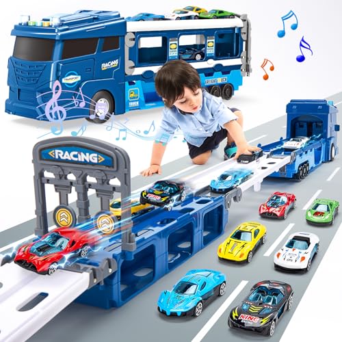 hahaland Camion Giocattolo Trasforma in Pista da Corsa, con 6 Macchinine per Bambini, Camion con Luci e Suoni, Pista