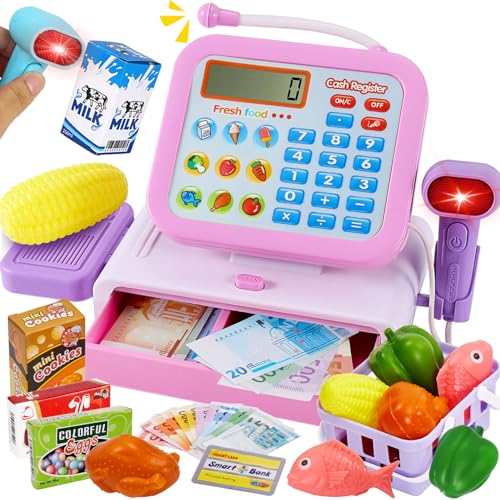 LINFUN KIDS Registratore di Cassa Giocattolo con Schermo Rotante, Supermercato Giocattolo per Bambini con Scanner Luci e