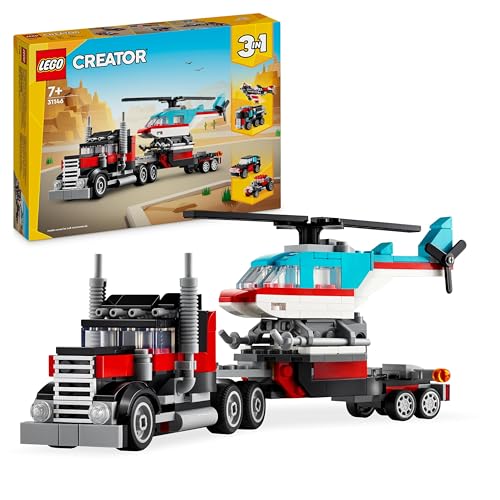 LEGO Creator 3 in 1 Autocarro con Elicottero, Giochi per Bambini e Bambine da 7 Anni, Camion Giocattolo Ricostruibile in
