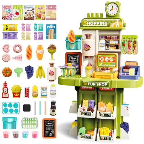 deAO Supermercato giocattolo per Bambini, 48pcs Accessori Per Negozi, Registratore Di Cassa, Snack, Bevande, Scanner con