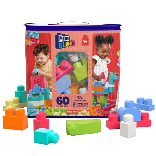 MEGA BLOKS Grande Borsa da Set da costruzione con 60 grandi mattoncini colorati e 1 custodia, set regalo giocattolo per