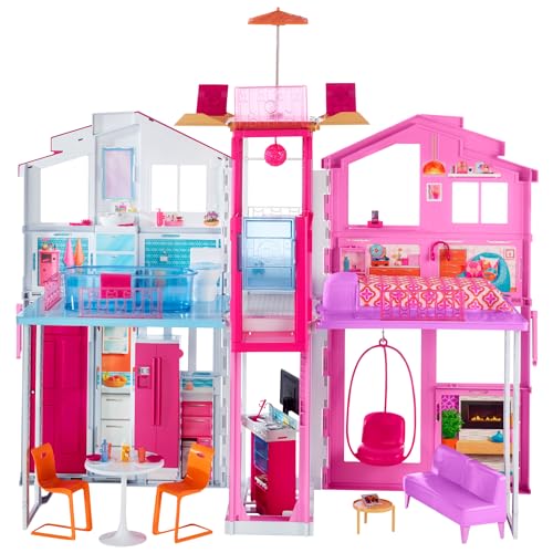 Barbie - La Casa a 3 piani, playset con ascensore e altalena, mobili e accessori inclusi, chiudibile per il trasporto,