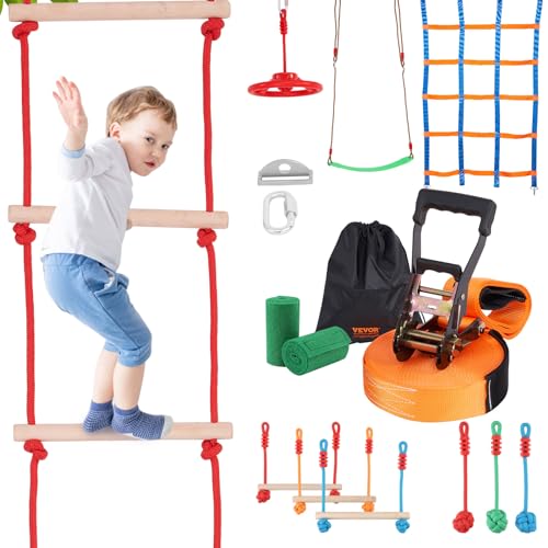 VEVOR Ninja Kit per Bambini Slackline da Arrampicata Percorso a Ostacoli 2x15,24 m Carico 226,8 kg 10 Ostacoli