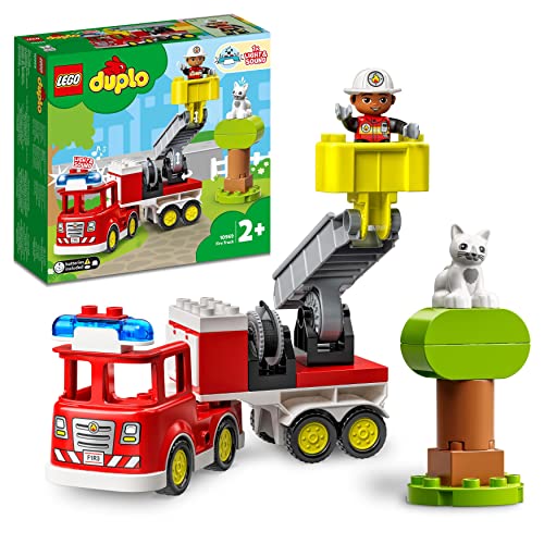 LEGO DUPLO Town Autopompa, Camion Giocattolo dei Pompieri con Luci, Sirena e Scala Mobile, Figure di Vigile del Fuoco e