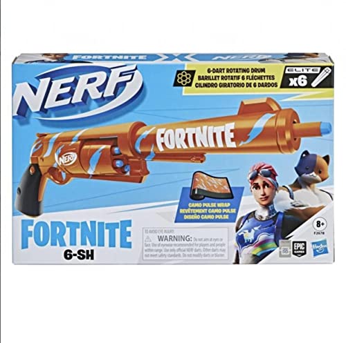 Nerf Blaster Fortnite 6-Sh - Colorazione Camo Pulse, Caricamento con percussore, Caricatore a Tamburo da 6 dardi,