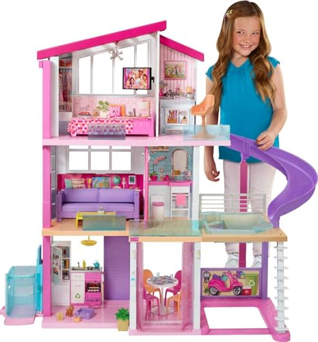 Barbie Casa dei Sogni, Casa a 3 Piani con 8 Stanze, Ascensore e Piscina con Scivolo, Oltre 60 Accessori, Regalo per