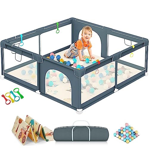 Box Neonato con Materassino 180 x 150 cm, Recinto per Bambini con Pallaio da 50 Palline, 4 Maniglie, Rete a Cestino e