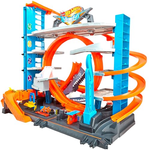 Hot Wheels City Garage delle Acrobazie, Playset con Pista Collegabile, Con Ascensore e Squalo, Spazio per +90