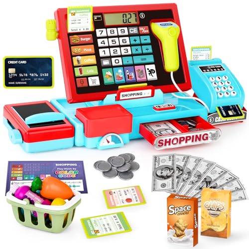 maysida Registratore di cassa Giocattolo per Bambini - Registratore di cassa con vera calcolatrice, Play Store con