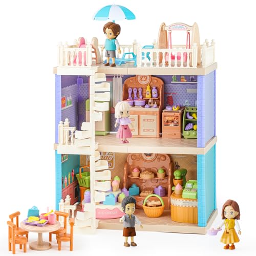 deAO Casa delle Bambole, 141 Pezzi Casa dei sogni con 4 Bambole, Playset Casa con mobili e Accessori, 3 Livelli di Gioco