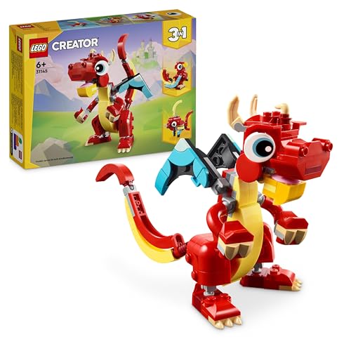 LEGO Creator 3 in 1 Drago Rosso, Giochi per Bambini e Bambine da 6 Anni Fan degli Animali, Action Figure Ricostruibile