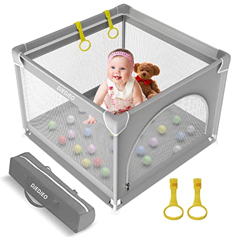 DJEDJEO Box Bambini, 90cm Recinto per Bambini con Morbida Rete Traspirante, Base Antiscivolo, Box Sicuro Stabile, Porta