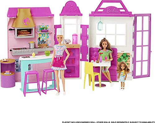 Barbie Set da Gioco The Restaurant con Oltre 30 Accessori da Cucina e 6 Aree Giochi, tra Cui Bambola, Multicolore,