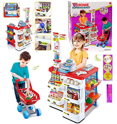 Set Bambini con Carrello per la Spesa e Oltre 20 Accessori Supermercato Giocattolo con Cibi Inclusi, luci e Suoni